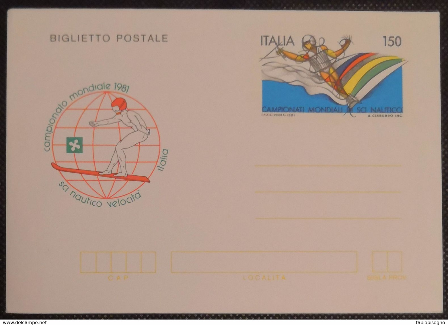 1981 Italia L.150 - Campionato Mondiale Sci Nautico Velocità - Postal Cover - Water-skiing
