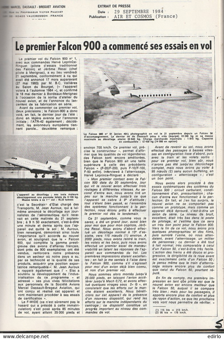***  AVIATION  ***  Livre Dassault - Plus De 40 Pages Revue De Presse Sur Le FALCON 900 --- - Publicités