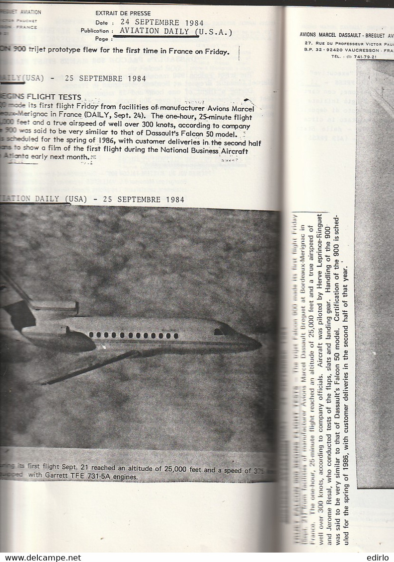 ***  AVIATION  ***  Livre Dassault - Plus De 40 Pages Revue De Presse Sur Le FALCON 900 --- - Advertisements