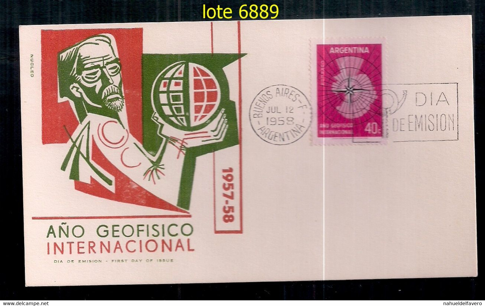 ARGENTINE 1958 GJ 1108 ANNÉE GÉOPHYSIQUE INTERNATIONALE EN COUVERTURE PREMIER JOUR - Année Géophysique Internationale