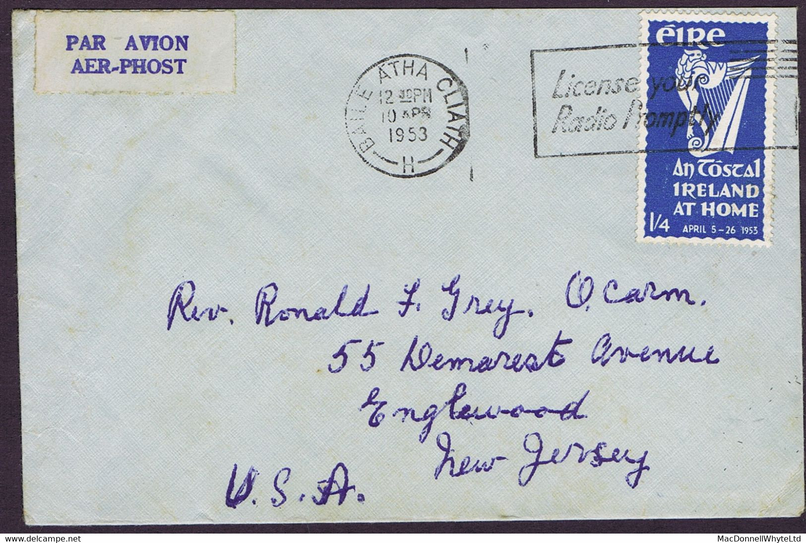 Ireland 1953 An Tostal 1/4d Blue Used On Airmail Cover Dublin 10 APR 1953 To USA, The Only Commemorative Issued For This - Cartas & Documentos