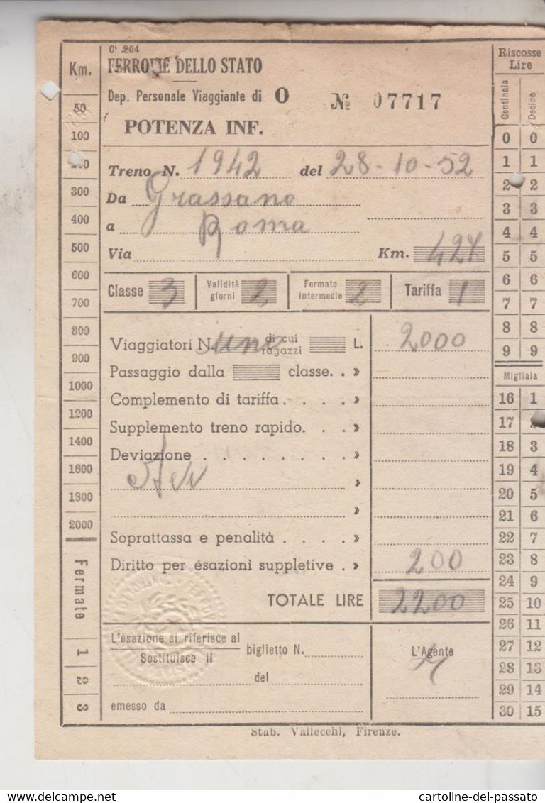 Biglietto Ticket Buillet  Ferrovie Dello Stato Potenza Inf. Treno 1942  Da Grassano - Europe