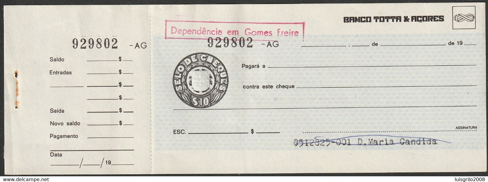 Tax/ Timbre Fiscal, Portugal - Selo De Cheques, $10 -|- Banco Totta & Açores - Cartas & Documentos