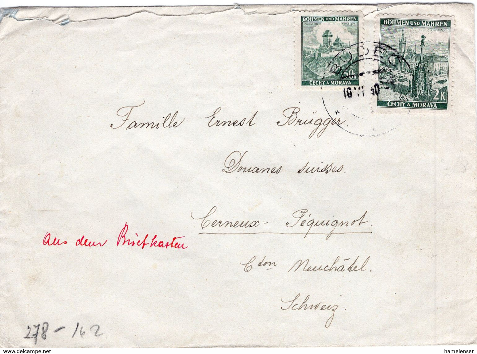 49674 - Deutsches Reich / B&M - 1940 - 2K MiF A. Bf. V. BUDEC I.d. Schweiz, M. Dt. Zensur & Hs. "Aus Dem Briefkasten" - Lettres & Documents