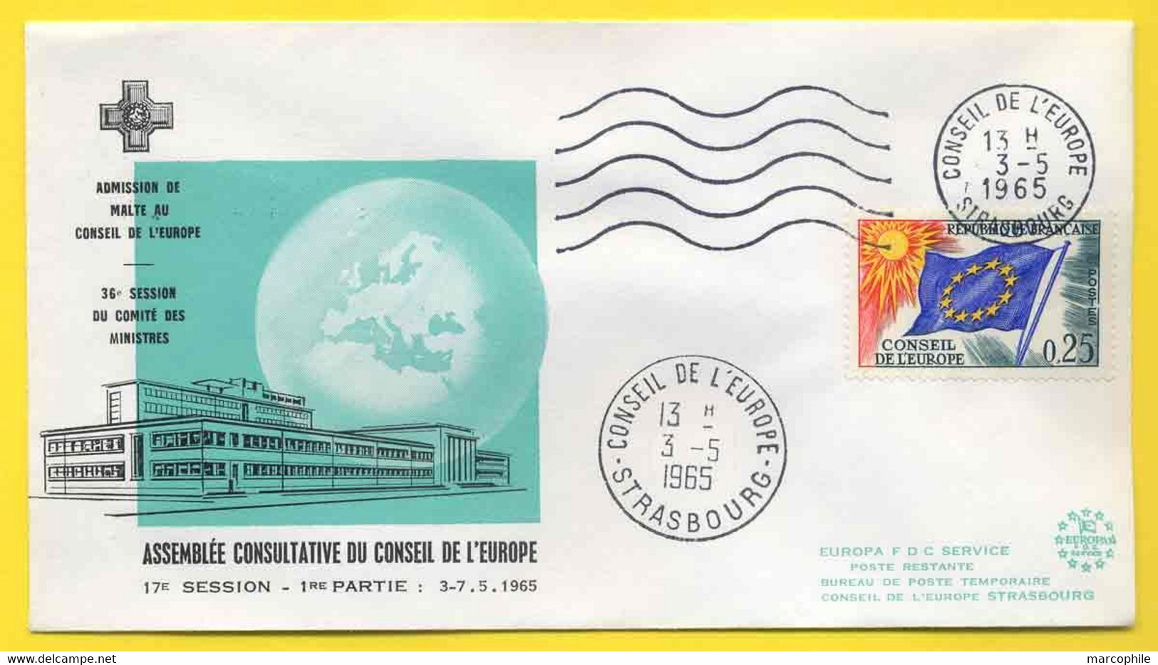 STRASBOURG - SERVICE   / 1965  OBLITERATION MECANIQUE  CONSEIL DE L EUROPE SUR LETTRE / ADMISSION DE MALTE (ref 154) - Lettres & Documents