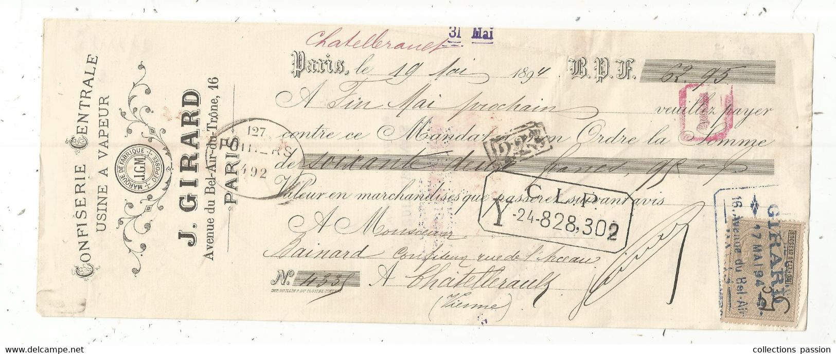 Lettre De Change , Mandat , PARIS, 1894, Confiserie , Usine à Vapeur, J. GIRARD, Timbrée, 2 Scans,frais Fr 1.75 E - Lettres De Change