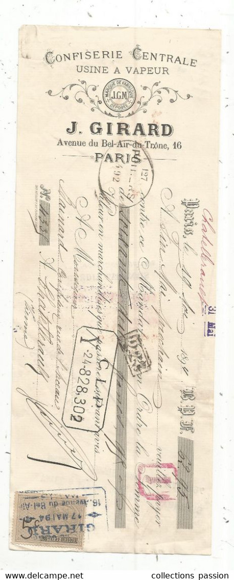 Lettre De Change , Mandat , PARIS, 1894, Confiserie , Usine à Vapeur, J. GIRARD, Timbrée, 2 Scans,frais Fr 1.75 E - Lettres De Change