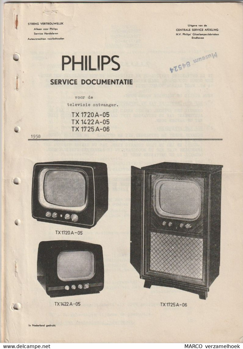 Brochure-leaflet Philips: Sevice Documentatie - Manual TV-televisie TX 1720A - TX 1422A - TX 1725A 1958 - Televisione