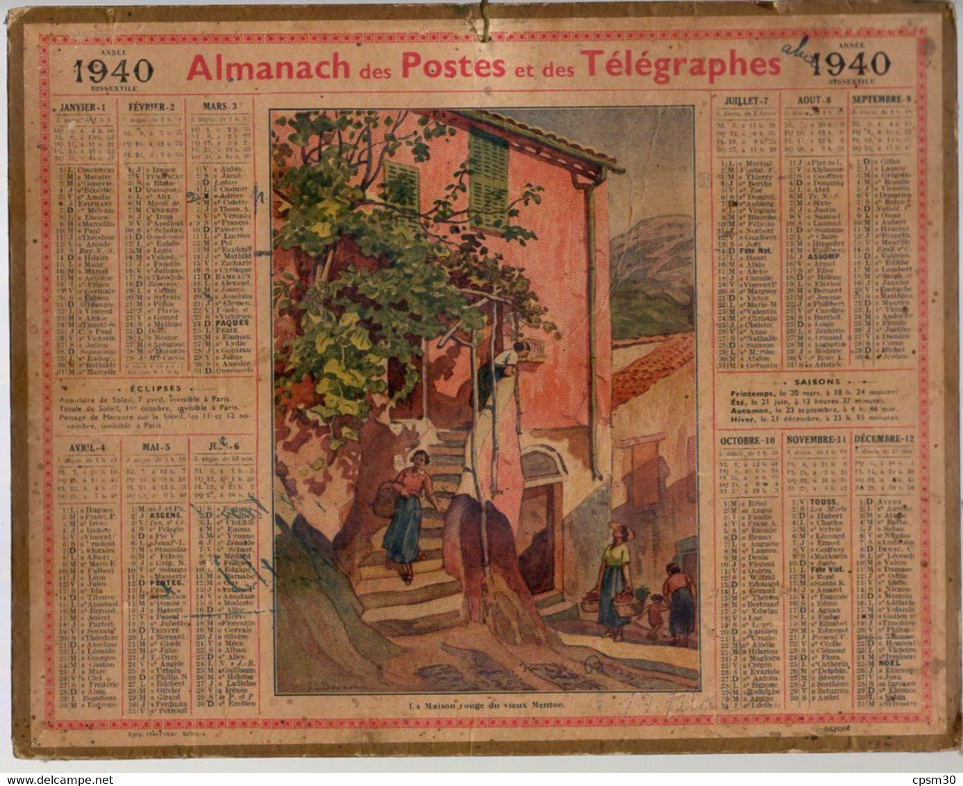 CALENDRIER GF 1940 - La Maison Rouge Du Vieux Menton, Imprimeur Oberthur Rennes - Groot Formaat: 1921-40