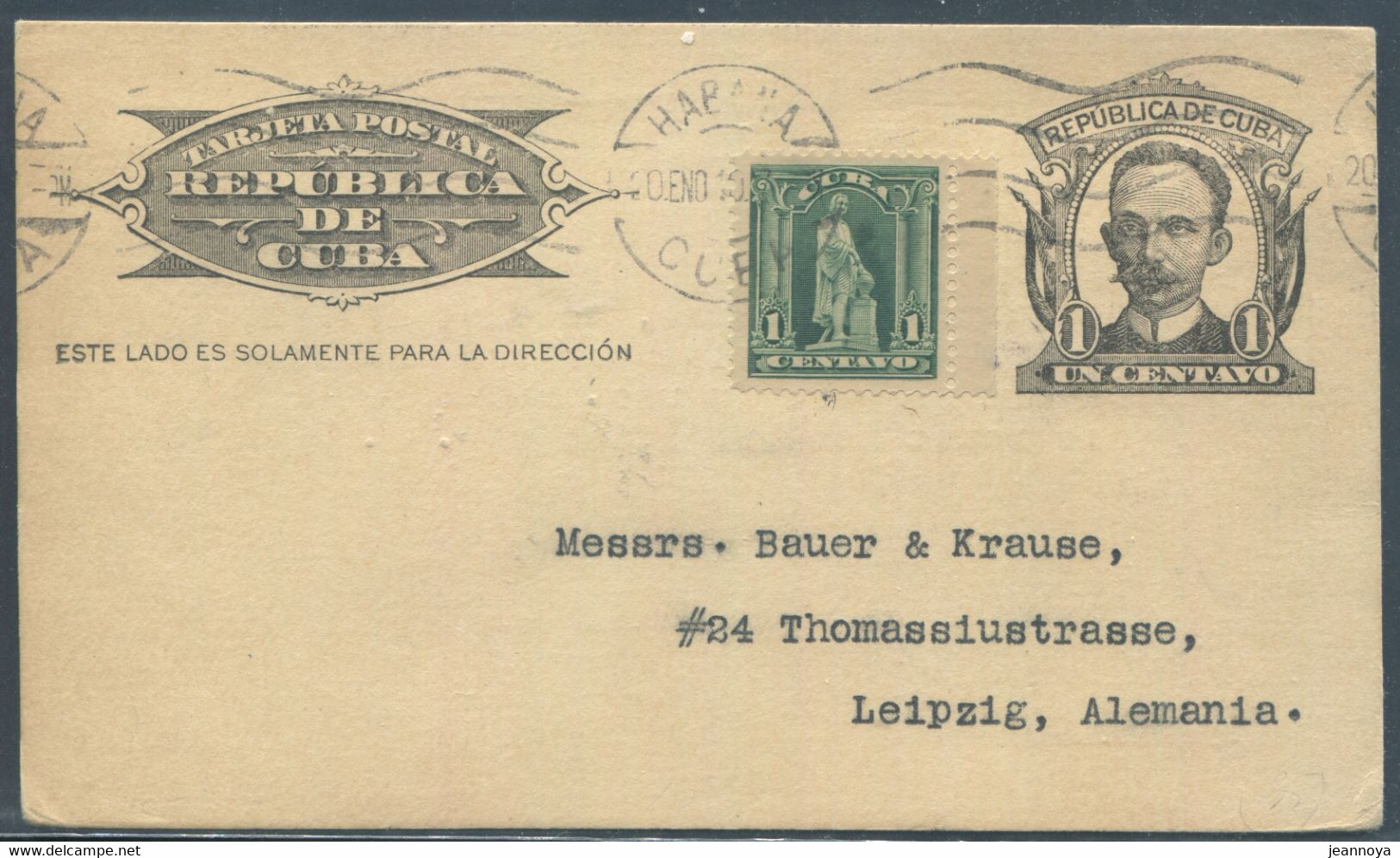 CUBA -  ENTIER POSTAL 1c. NOIR + N°142 AVEC O.M. HABANA LE 20/1/1910 POUR L'ALLEMAGNE - TB - Lettres & Documents
