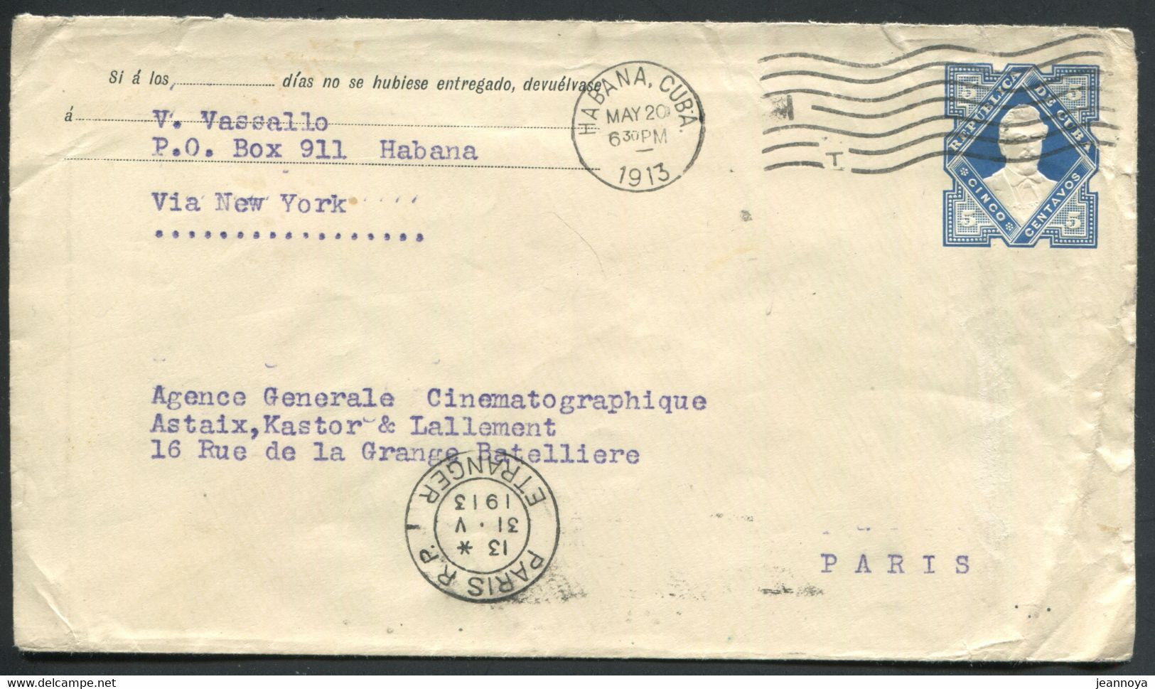 CUBA -  ENTIER POSTAL 5c. BLEU AVEC O.M. HABANA LE 20/5/1913 POUR PARIS - TB - Lettres & Documents