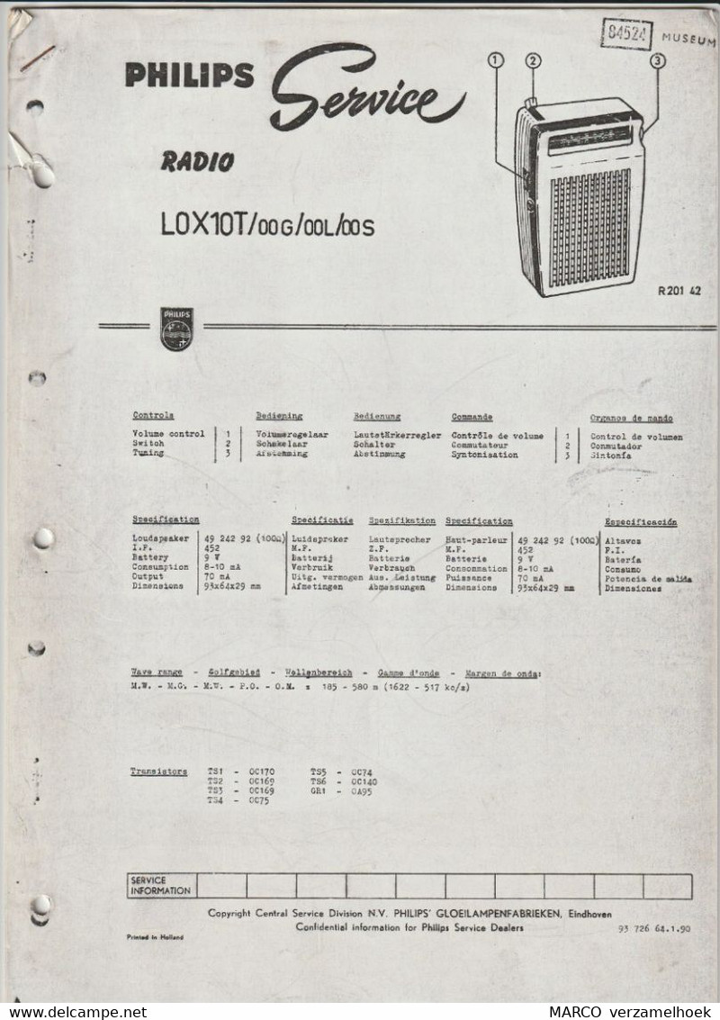 Brochure-leaflet Philips: Philips Service Manual Transistor Radio LOX10T Eindhoven (NL) - Literatur & Schaltpläne