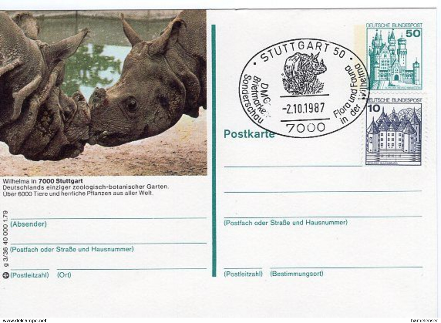 49727 - Bund - 1987 - 50Pfg. B&S Bil-GA-Kte. M. SoStpl. STUTTGART - BRIEFMARKENSONDERSCHAU FLORA UND FAUNA ... -> Fuerth - Rhinozerosse