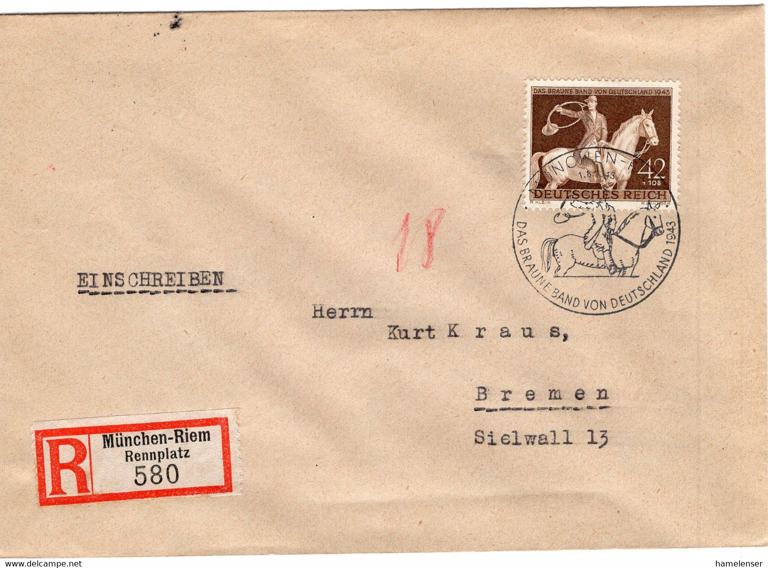 49747 - Deutsches Reich - 1943 - 42Pfg. Braunes Band EF A. R-Bf. MUENCHEN-RIEM -> BREMEN - Ippica