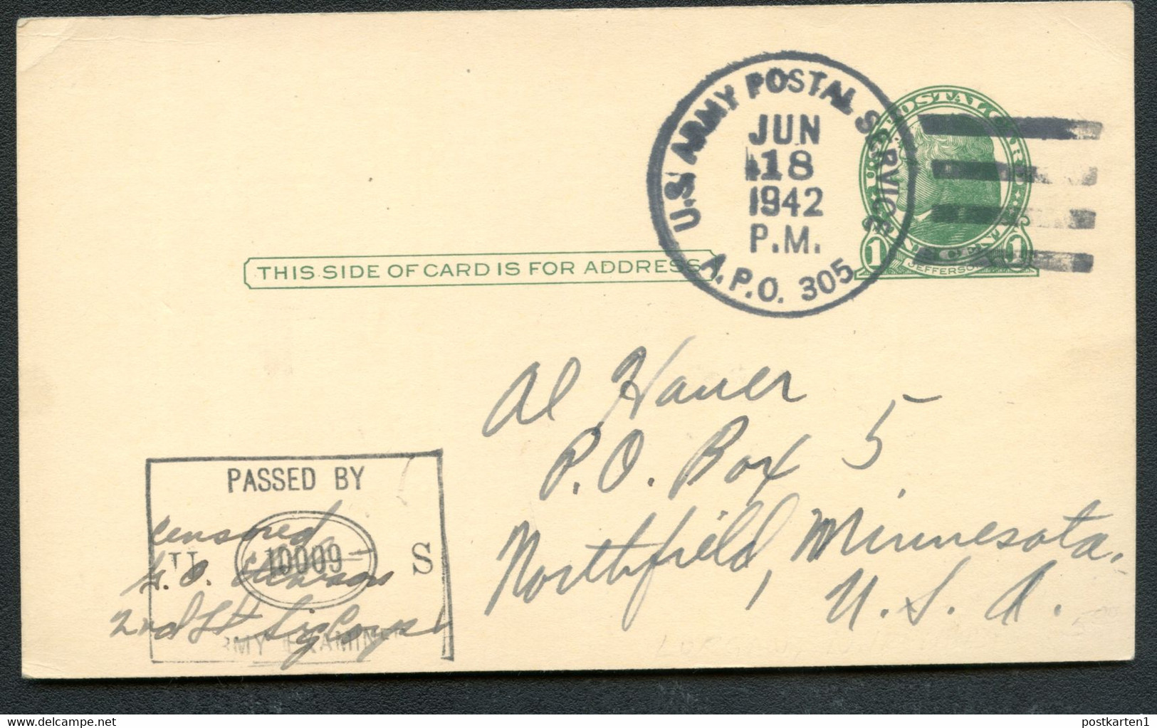 UX27 S37E Postal Card US ARMY POSTAL SERVICE APO 305 Censored 1942 - 1921-40