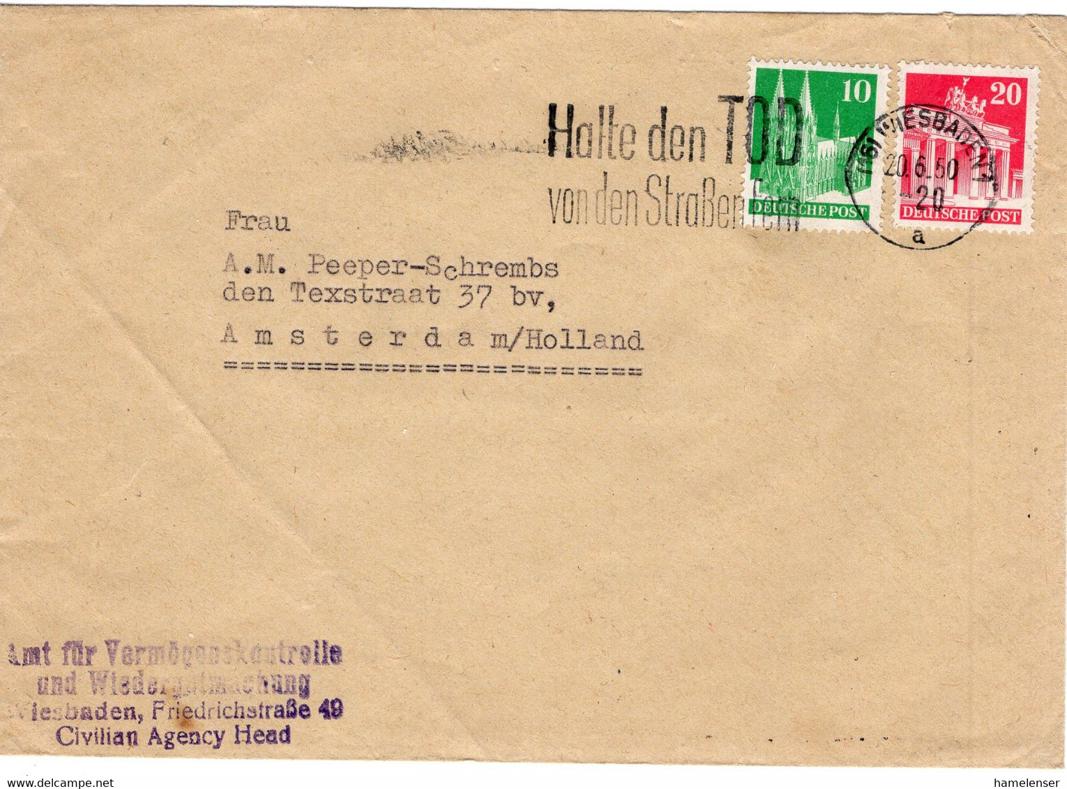 49751 - Bund - 1950 - Bauten MiF A. Bf. WIESBADEN - HALTE DEN TOD VON DEN STRASSEN -> Holland - Other (Earth)