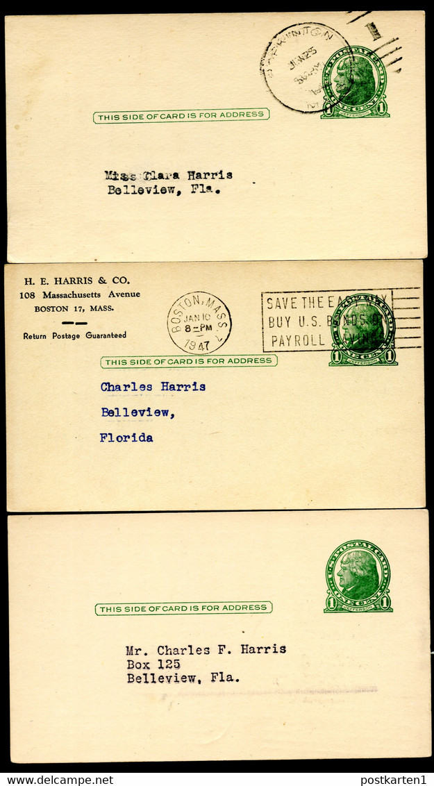 UX27 UPSS S37E 3 Postal Cards Used Hopkinton + Boston MA 1945-47 - 1921-40