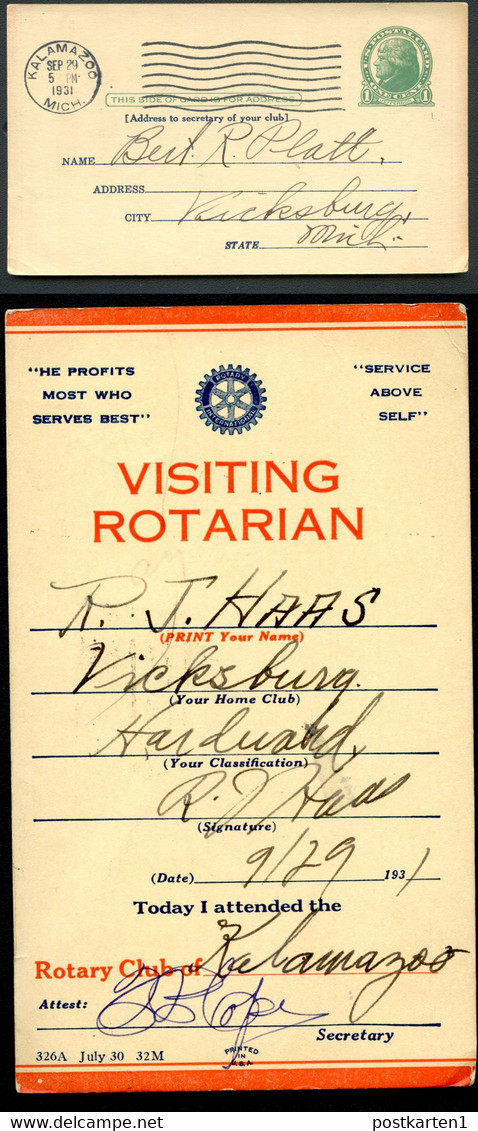 UX27 UPSS S37E Postal Card VISITING ROTARIAN Kalamazoo MI 1931 - 1921-40