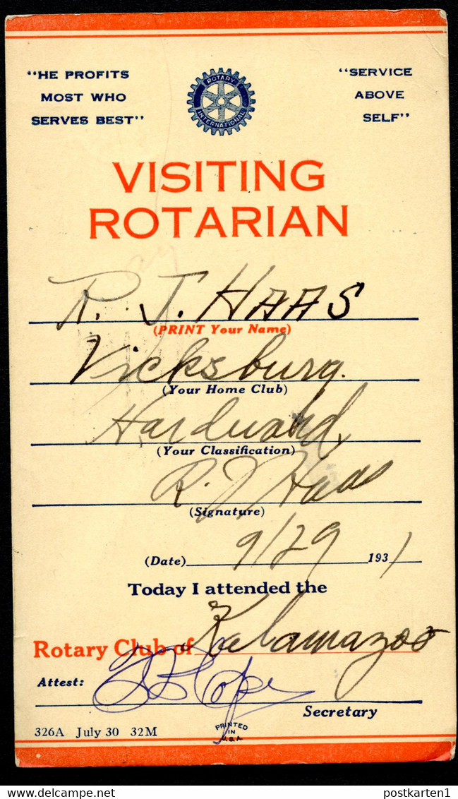 UX27 UPSS S37E Postal Card VISITING ROTARIAN Kalamazoo MI 1931 - 1921-40