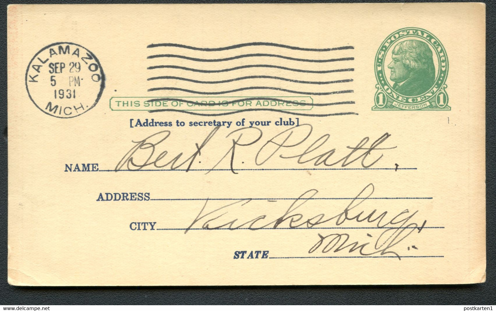 UX27 UPSS S37E Postal Card VISITING ROTARIAN Kalamazoo MI 1931 - 1921-40