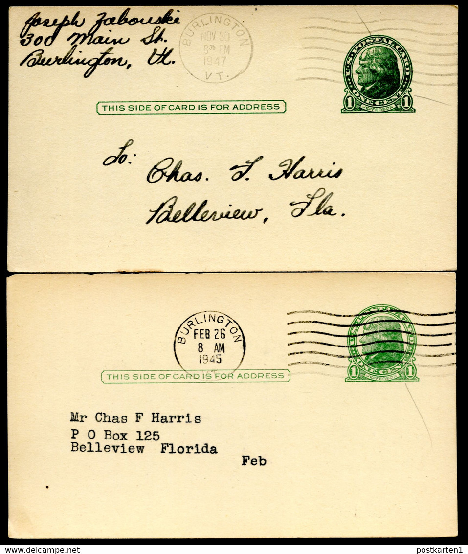 UX27 UPSS S37E 2 Postal Cards Used Burlington VERMONT PLATE FLAWS 1945-47 - 1921-40