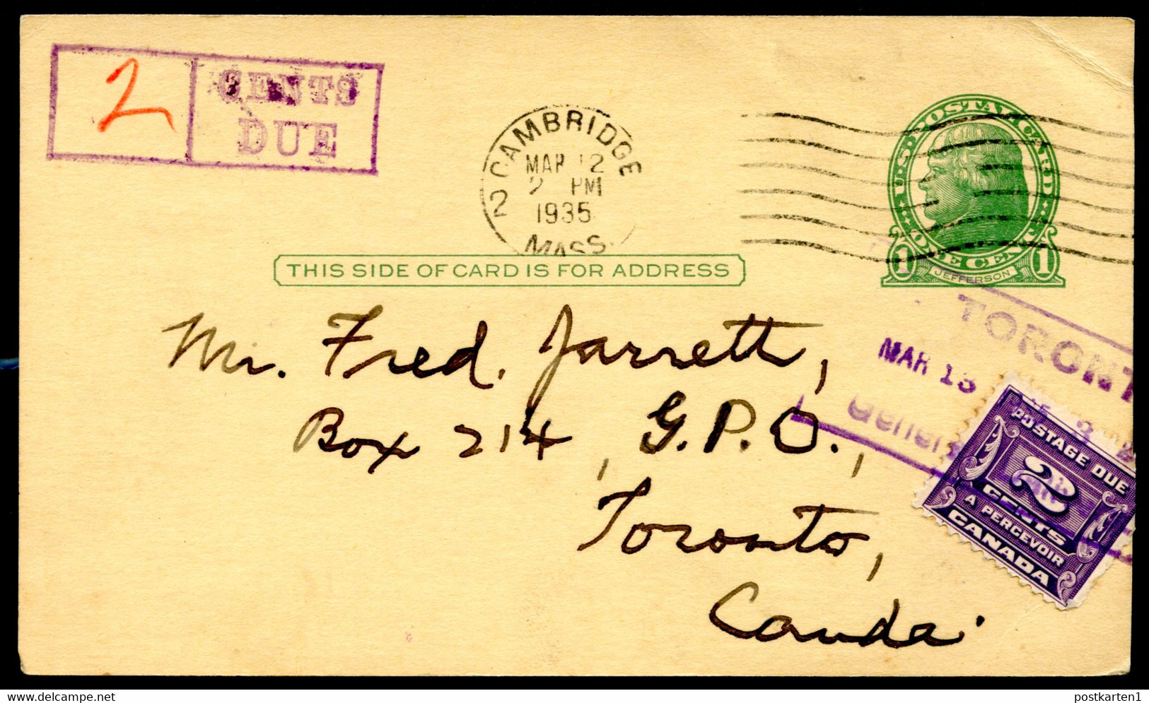UX27 Postal Card Used Cambridge MA To Toronto Canada 1935 POSTAGE DUE - 1921-40