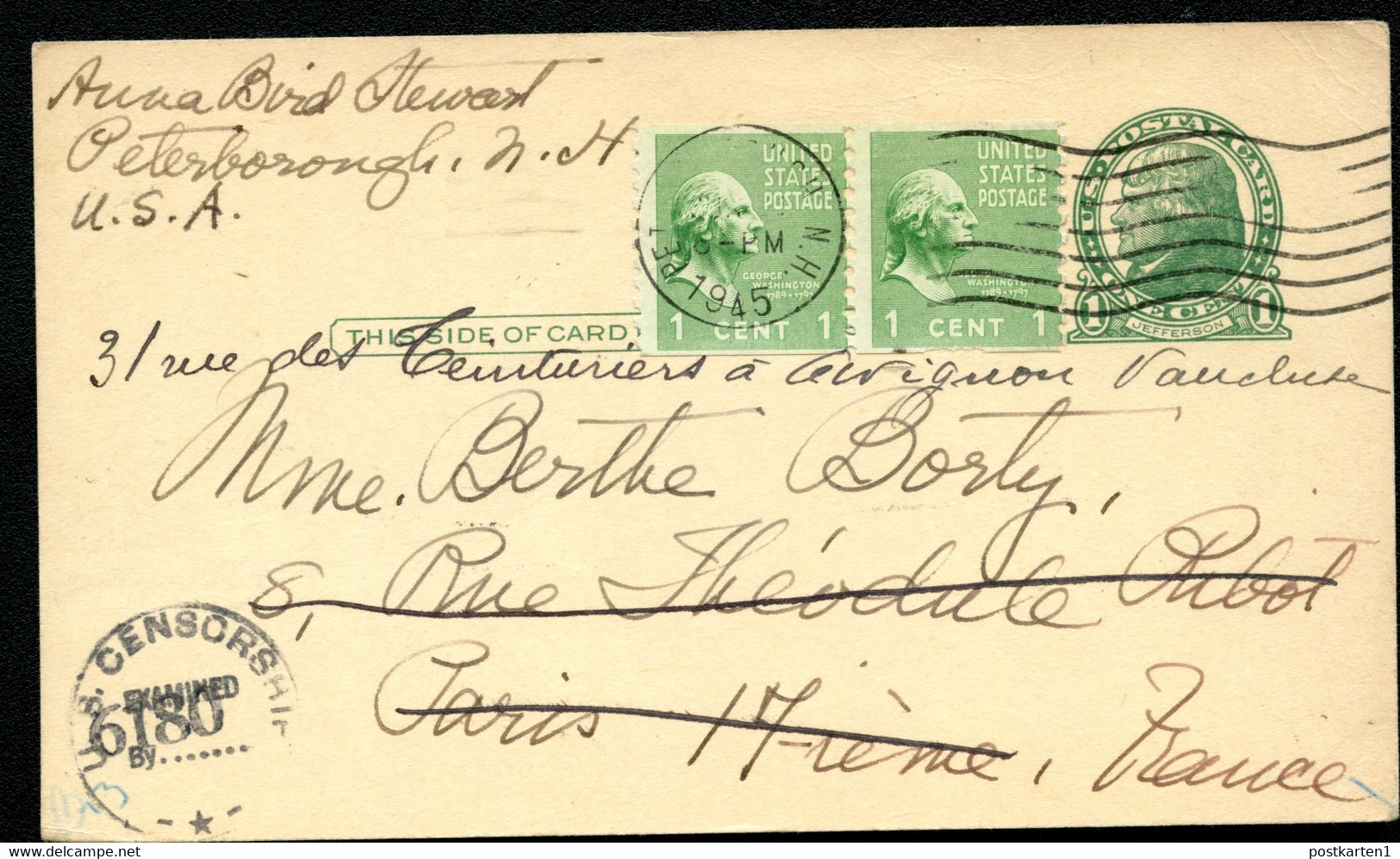 UX27 Postal Card Peterborough NH To FRANCE 1945 CENSORED FORWARDED - 1921-40