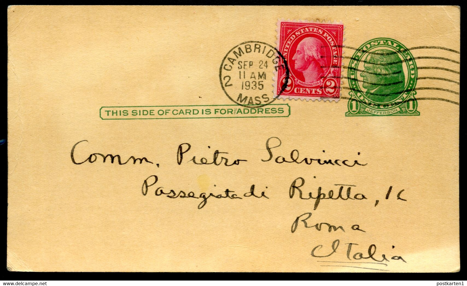 UX27 Postal Card Used Cambridge MA To ITALY 1935 - 1921-40