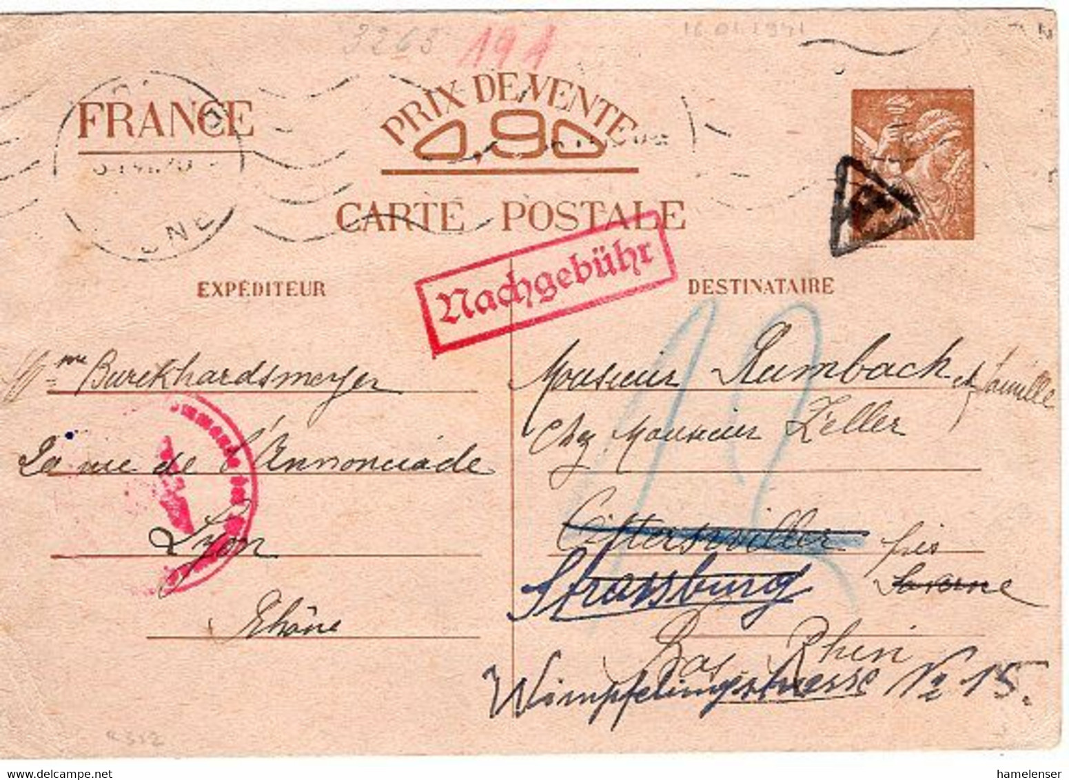 49760 - Frankreich - 1941 - 90c. GA-Kte. LYON -> Otterswiller, M.dt. Zensurstpl., Nachges. -> Strassburg, M. Nachporto - Lettres & Documents