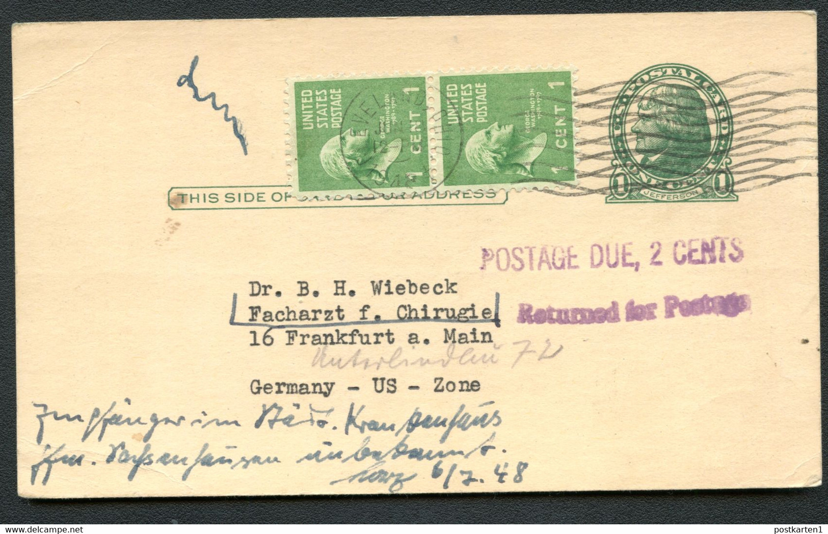 UX27 UPSS UX27e Postal Card Cleveland OH To Germany 1948 RETURNED FOR POSTAGE - 1921-40