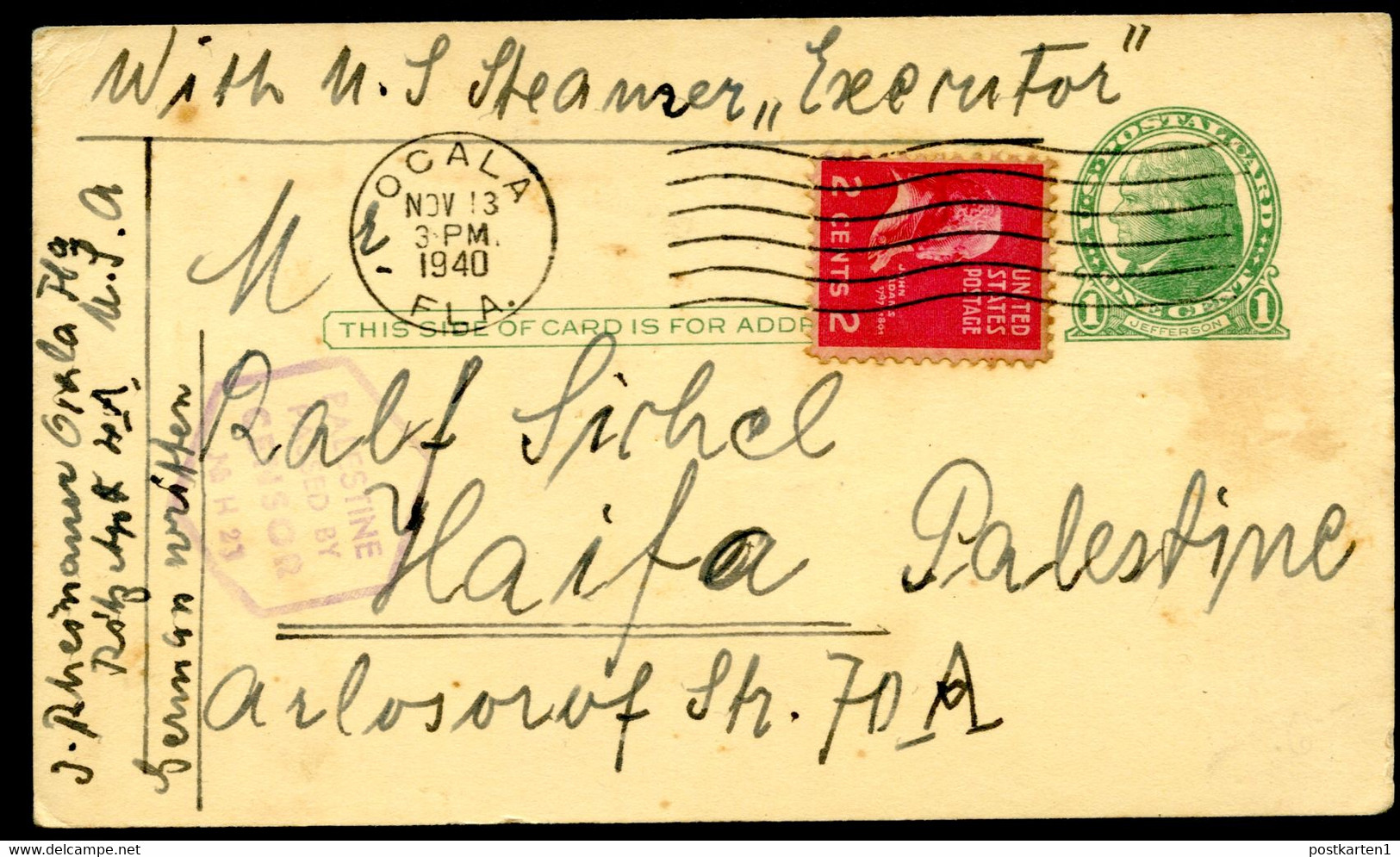 UX27 Postal Card Used Ocala FL To Haifa PALESTINE 1940 CENSORED - 1921-40
