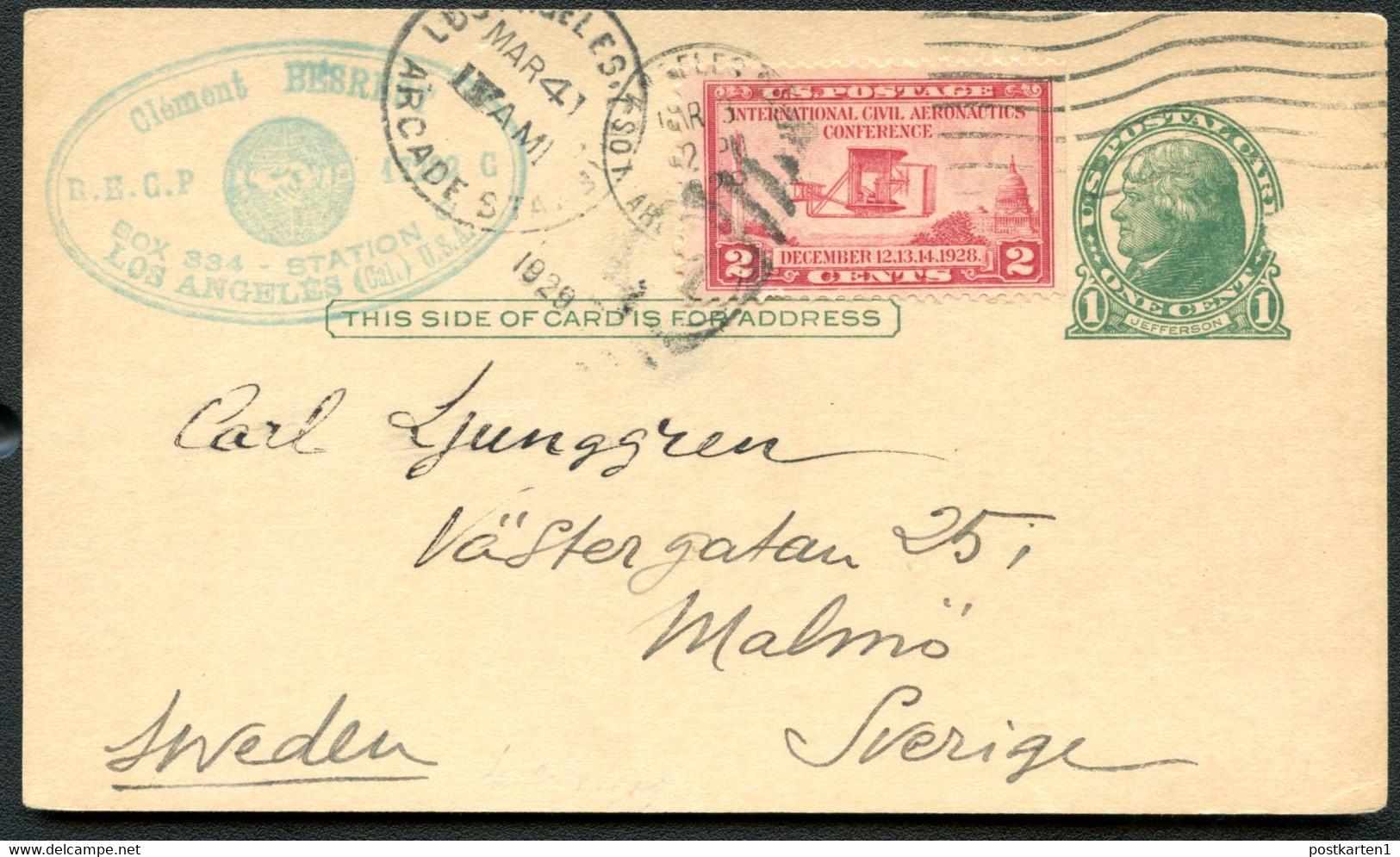 UX27 Postal Card Used Los Angeles CA To SWEDEN 1929 - 1921-40