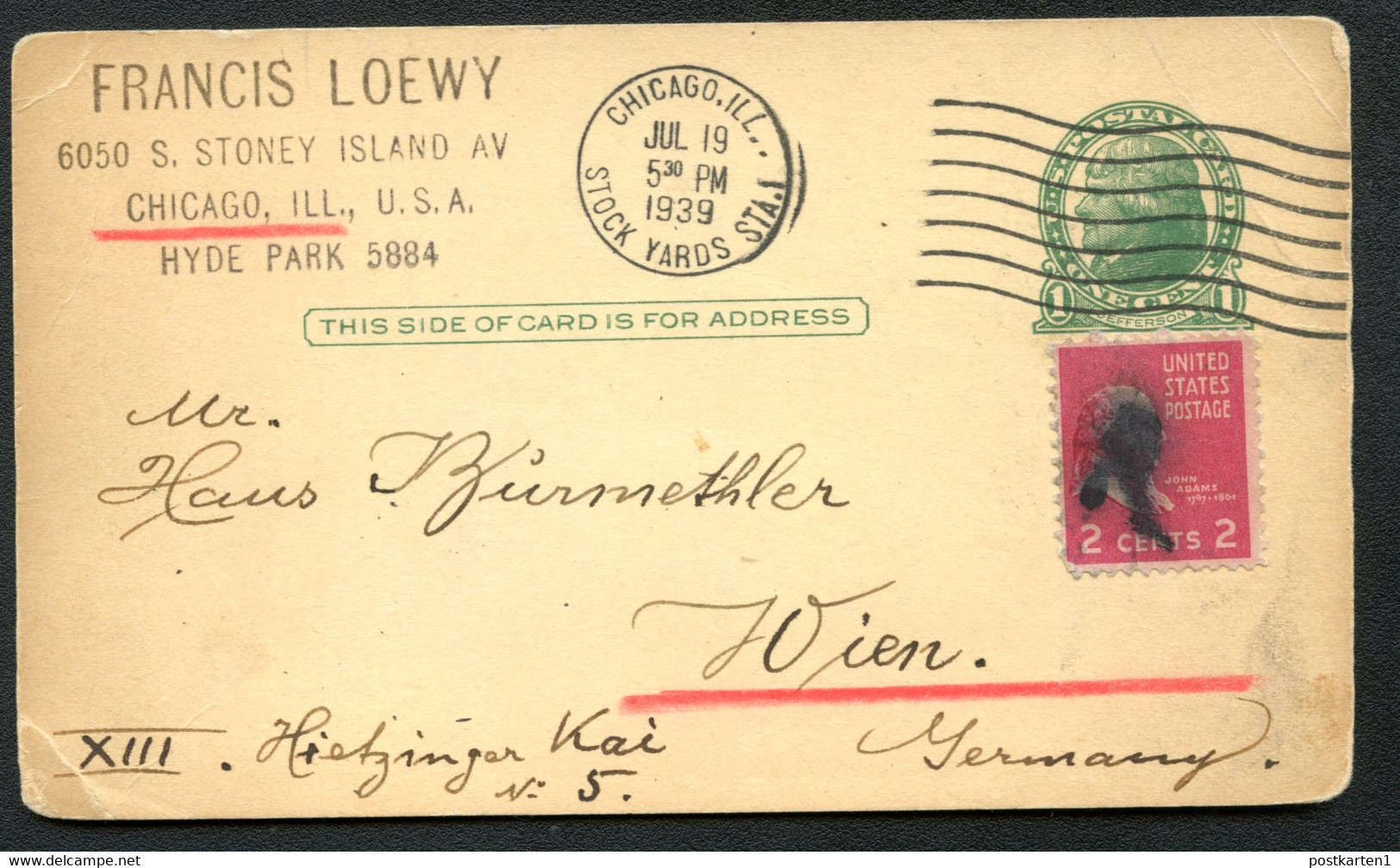UX27 Postal Card Used Chicago IL To AUSTRIA 1939 FANCY CANCEL: BOOT - 1921-40