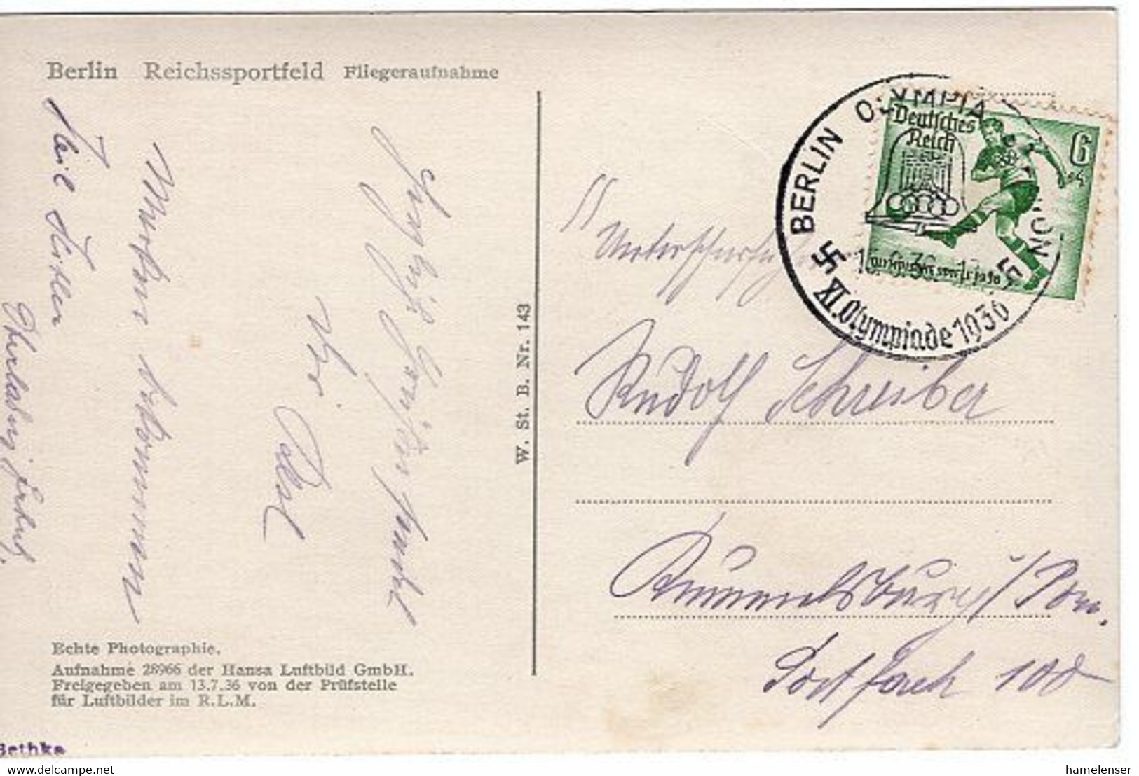 49784 - Deutsches Reich - 1936 - 6Pfg. Sommerolympiade EF A Ans.Kte. BERLIN OLYMPIA-STADION -> Rummelsburg - Summer 1936: Berlin
