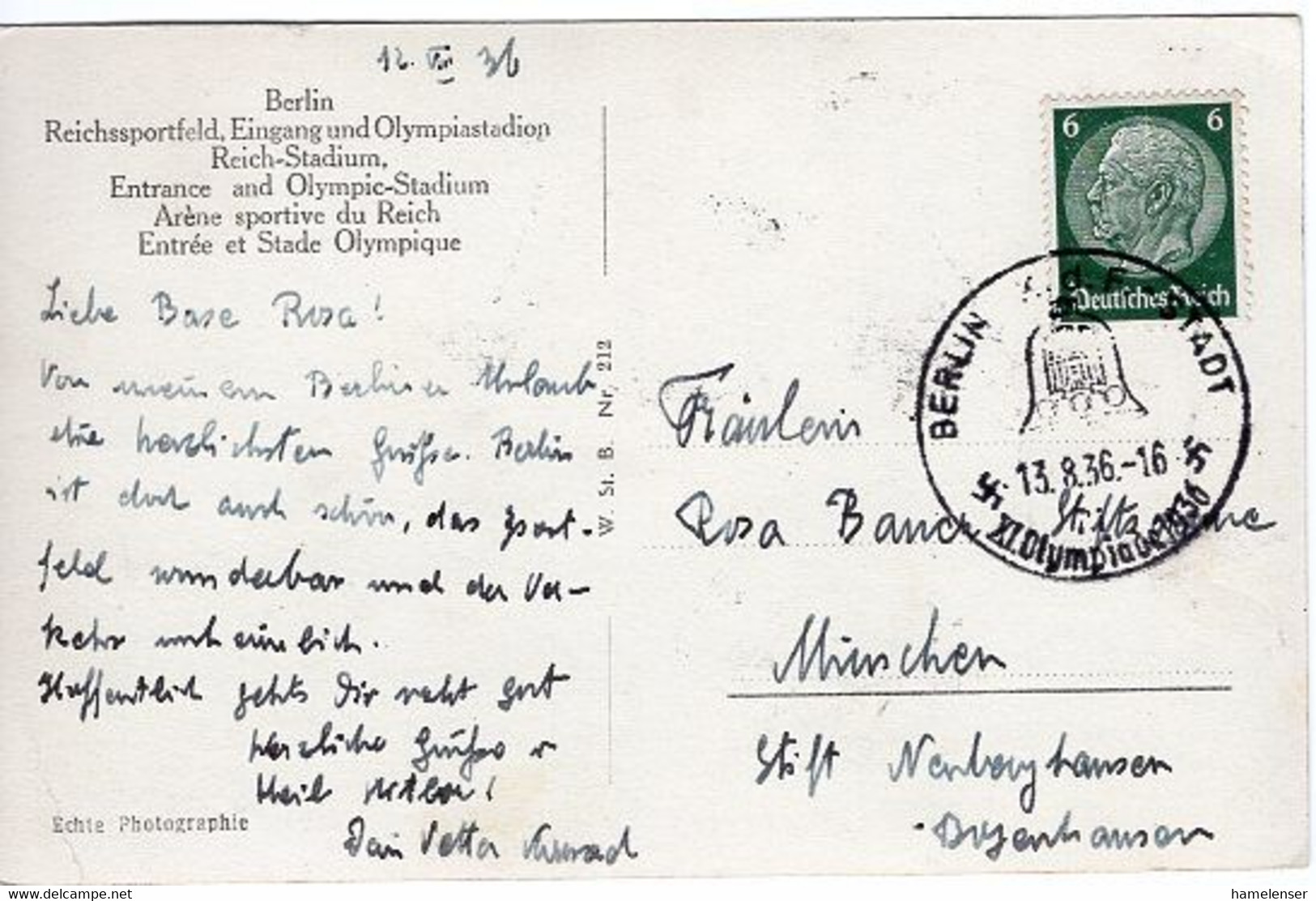 49791 - Deutsches Reich - 1936 - 6Pfg. Hindenburg EF A. AnsKte. BERLIN - KdF-STADT -> Muenchen - Sommer 1936: Berlin