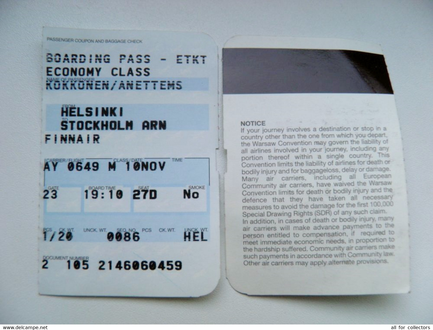 Plane Airplane Ticket Helsinki Stockholm Finnair Finland Boarding Pass - Europe