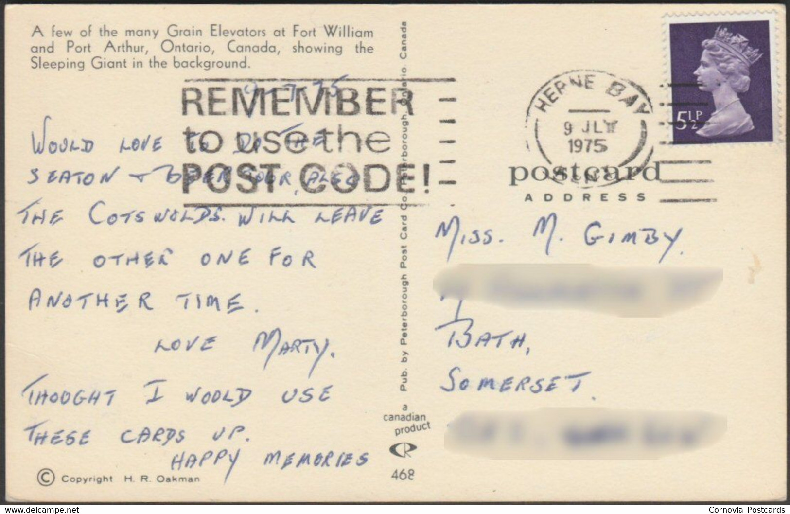 Grain Elevators, Port Arthur, Ontario, 1975 - Peterborough Post Card Co Postcard - Port Arthur