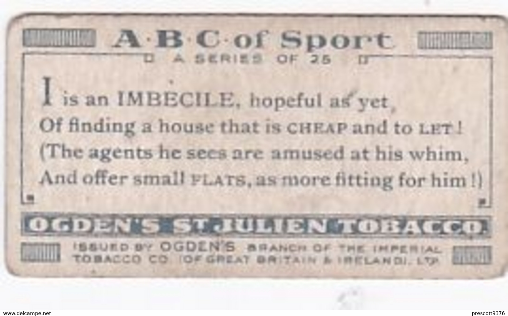 ABC Of Sport 1927- I  - Ogdens  Cigarette Card - Original - Alphabet - Ogden's