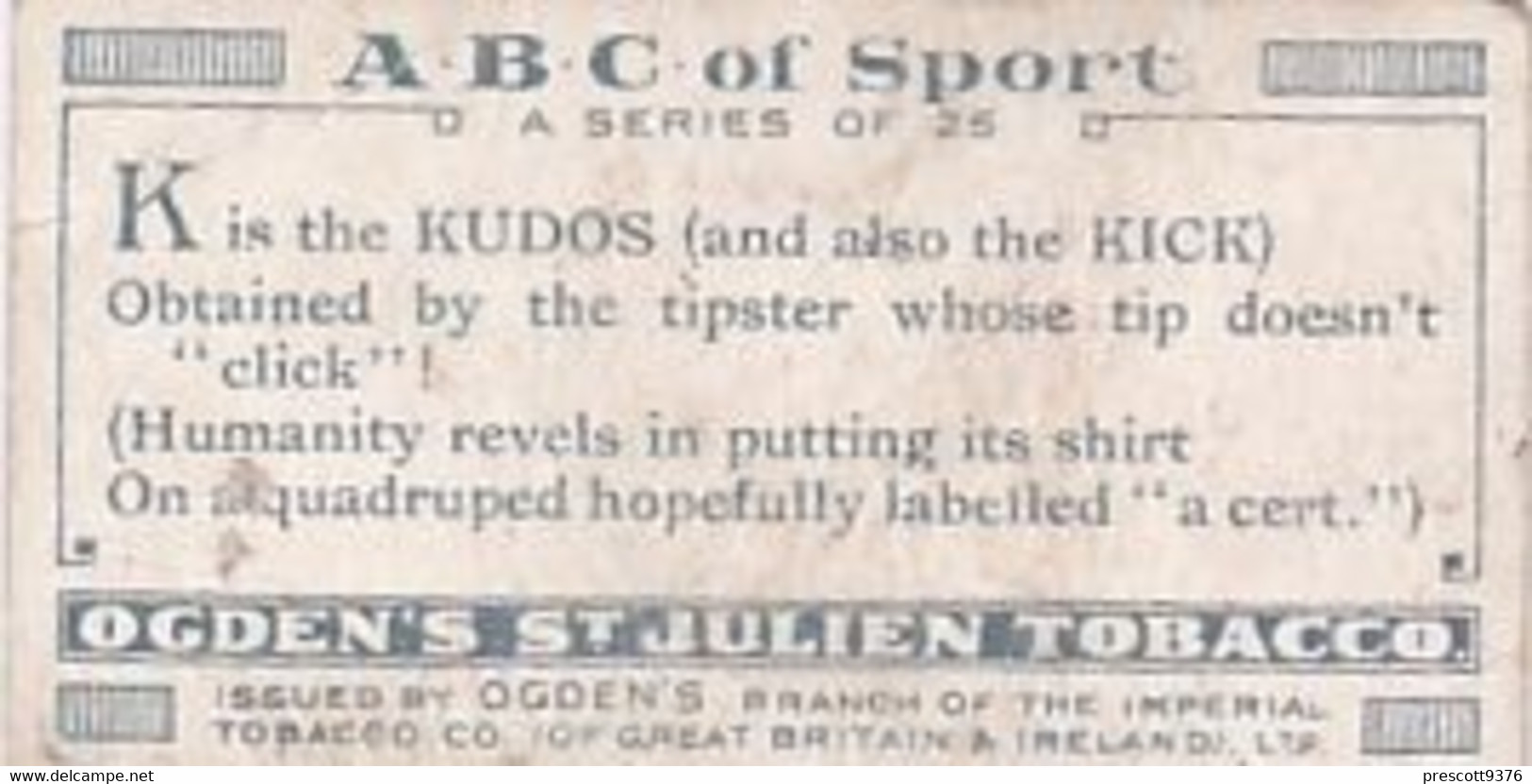 ABC Of Sport 1927- K  - Ogden's  Cigarette Card - Original - Alphabet - Ogden's