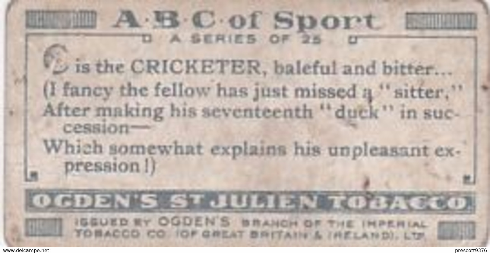 ABC Of Sport 1927- C Cricket  - Ogden's  Cigarette Card - Original - Alphabet - Ogden's