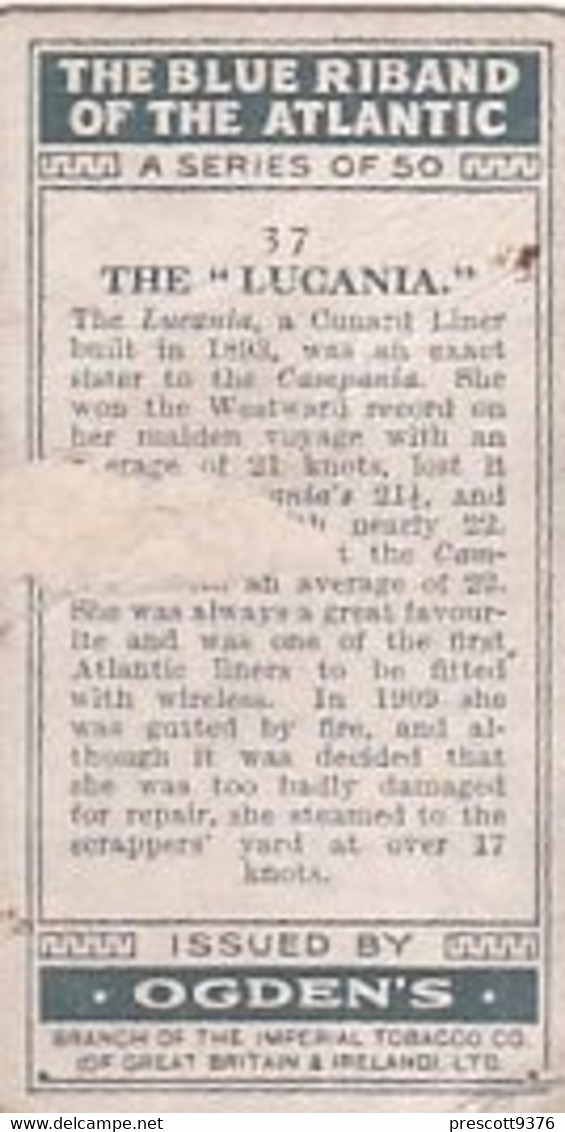 The Blue Riband Of The Atlantic 1929  - 37 Lucania - Ogden's  Cigarette Card - Original - Ships - Ogden's