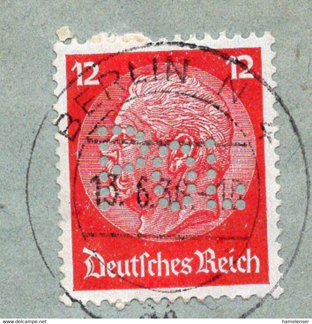 49816 - Deutsches Reich - 1936 - 12Pfg. Hindenburg M. POL-Lochung EF A. Fen-Bf. MaschStpl BERLIN - OLYMPISCHE SPIELE ... - Verano 1936: Berlin