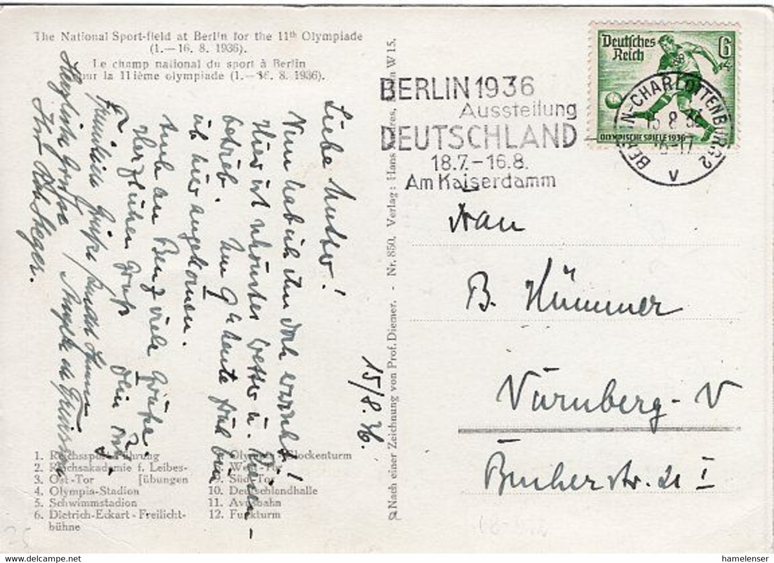 49824 - Deutsches Reich - 1936 - 6Pfg. Sommerolympiade A. Kte. M. MaschStpl. BERLIN - AUSSTELLUNG DEUTSCHLAND -> N'berg - Zomer 1936: Berlijn