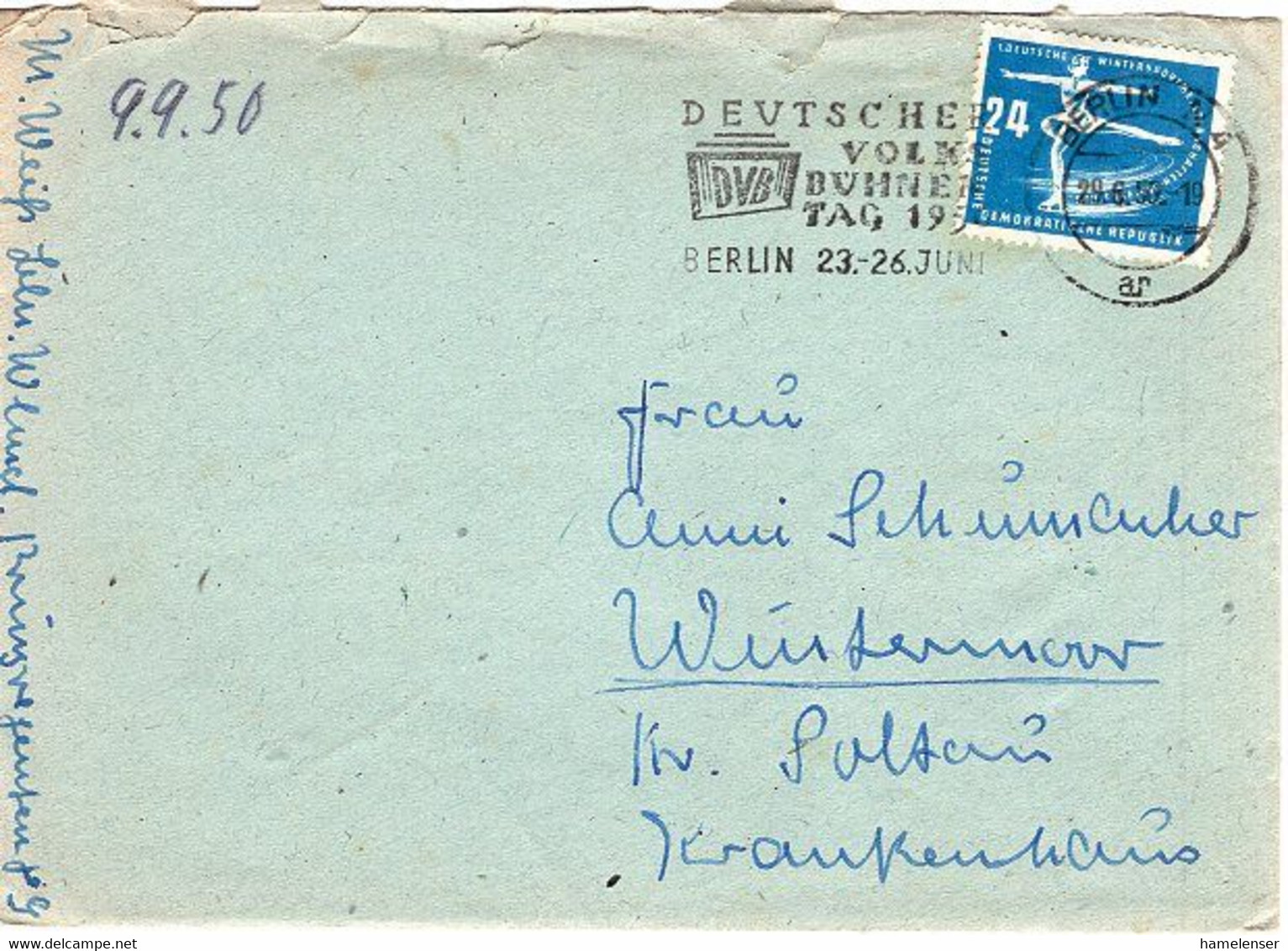 49863 - DDR - 1950 - 24Pfg. Eiskunstlauf EF A. Bf. BERLIN - DEUTSCHER VOLKSBUEHNENTAG -> Westdeutschland - Pattinaggio Artistico