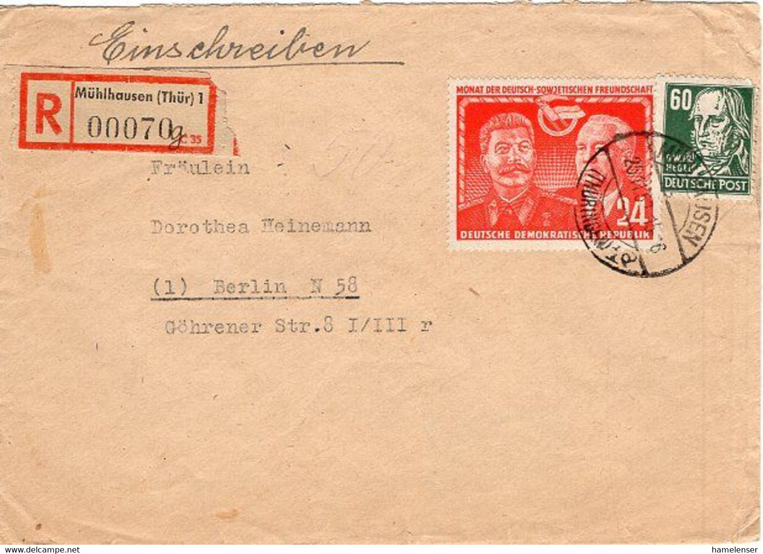49877 - DDR - 1952 - 24Pfg. Stalin & Pieck MiF A. R-Bf. MUEHLHAUSEN -> BERLIN - Brieven En Documenten