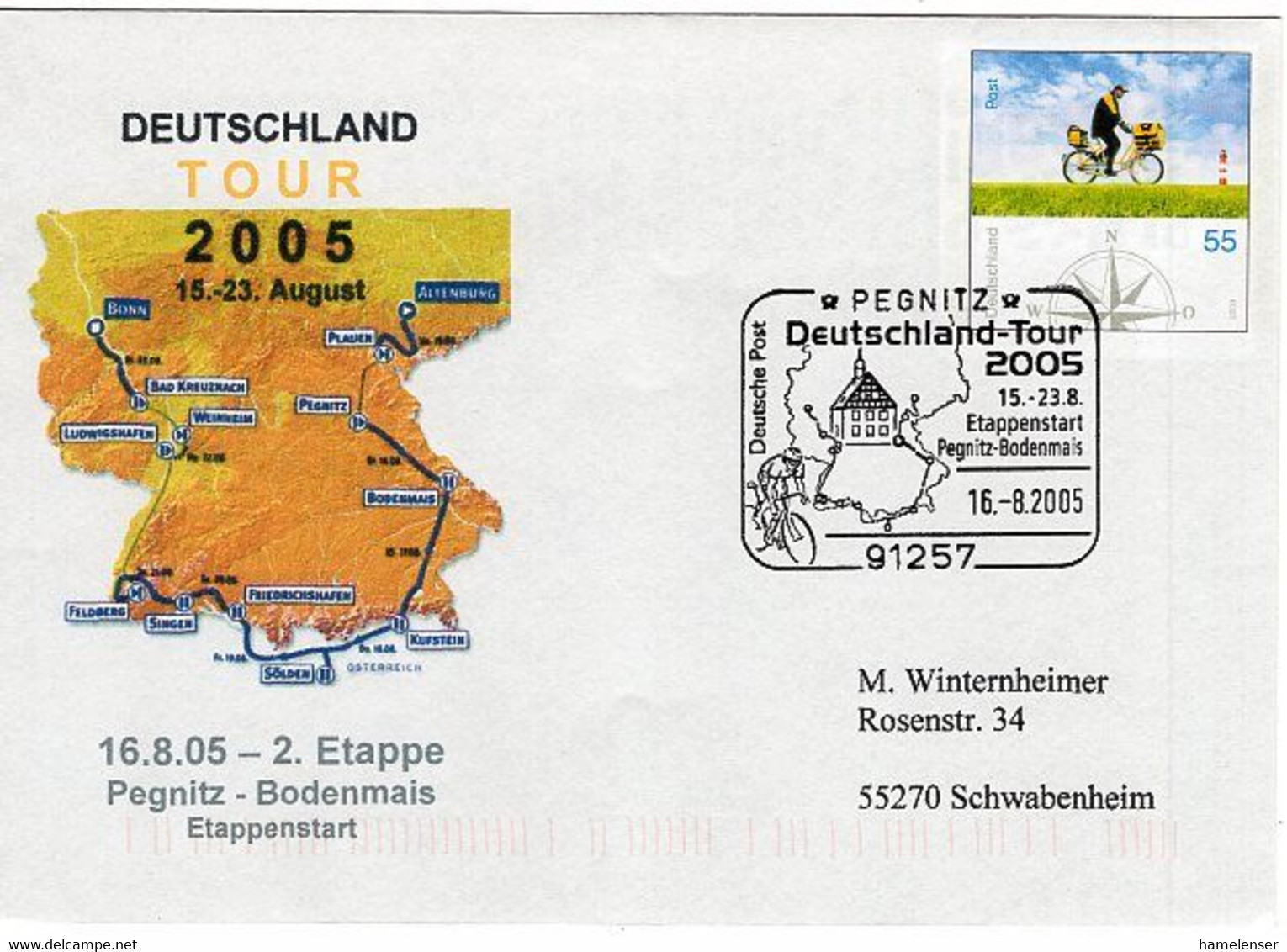 49888 - Bund - 2005 - 55Pfg. Postzustellung Plusbrief SoStpl. PEGNITZ - DEUTSCHLANDTOUR '05 -> Schwabenheim - Wielrennen