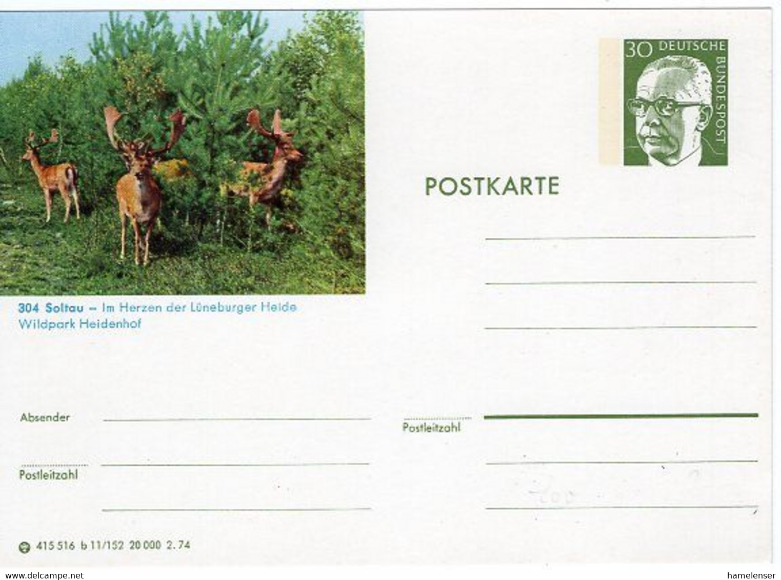 49898 - Bund - 1974 - 30Pfg. Heinemann Bild-GA-Kte. "Wildpark Heidenhof", Ungebraucht - Animalez De Caza