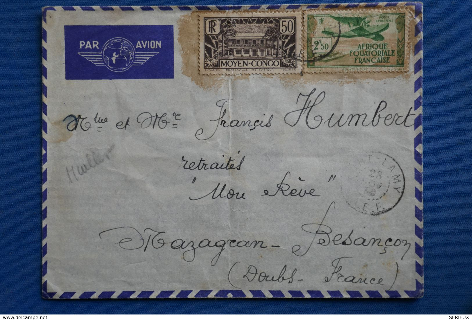 AF3 AEF MOYEN CONGO BELLE LETTRE 1939 FORT LAMY   A BESANCON FRANCE  + AEROPHILATELIE+AFFRANCH PLAISANT - Storia Postale