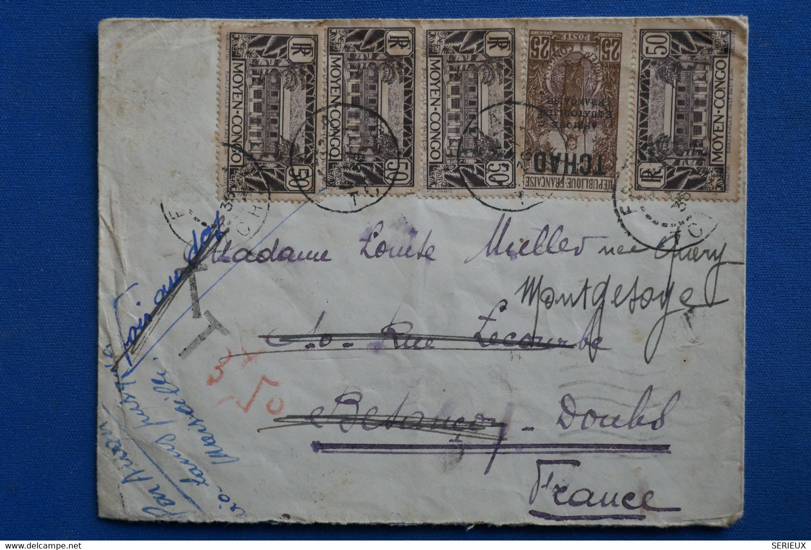 AF3 AEF MOYEN CONGO BELLE LETTRE  1936 FORT LAMY   A BESANCON REDISTRIB. MONTGESOY  +++ TAXE 3F50  +AFFRANCH PLAISANT - Storia Postale