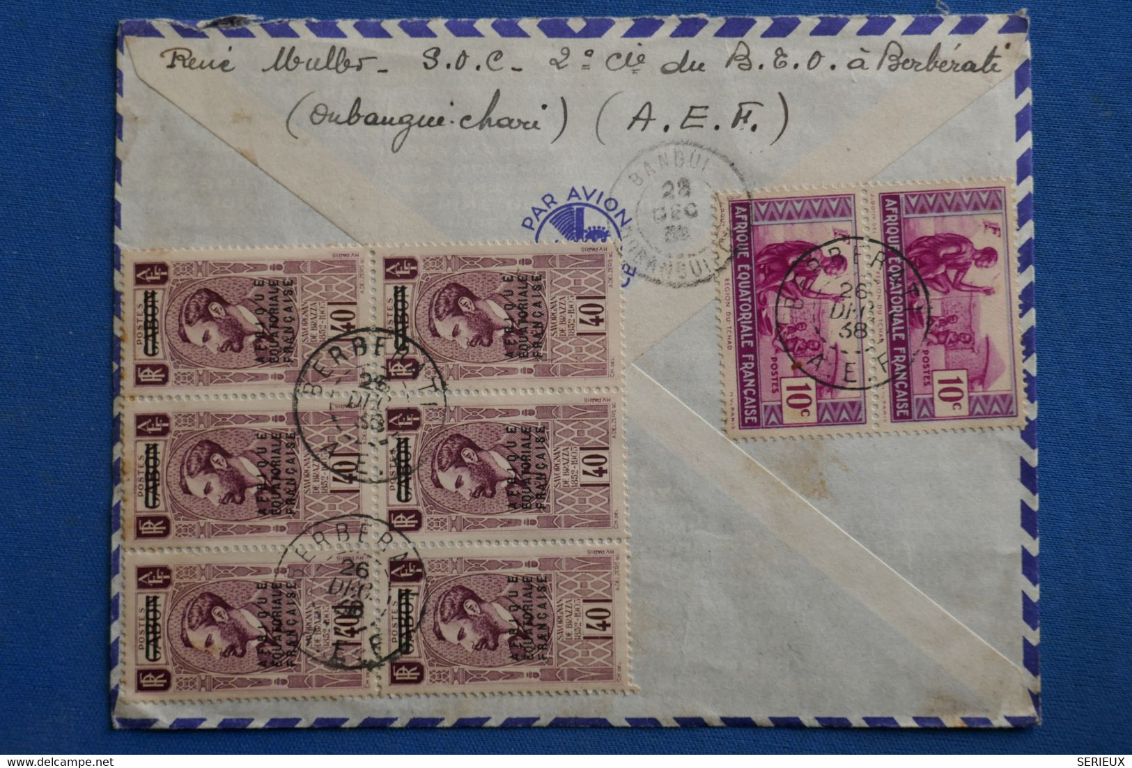 AF3 AEF MOYEN CONGO BELLE LETTRE  1938 BERBERATI   A BESANCON FRANCE +++SURCHARGES BLOC 6 TP   +AFFRANCH PLAISANT - Briefe U. Dokumente